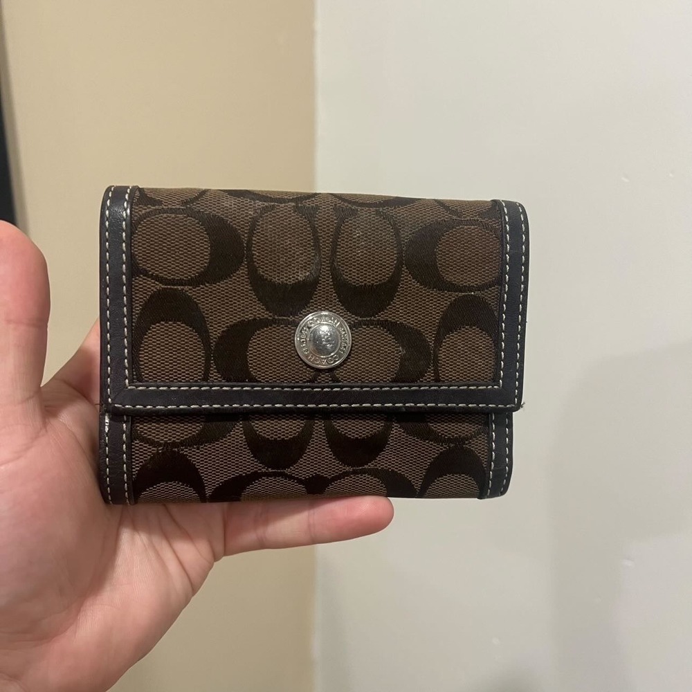 Coach Signature C Monogram Trifold Wallet Brown Mahogany Jacquard Leather Trim